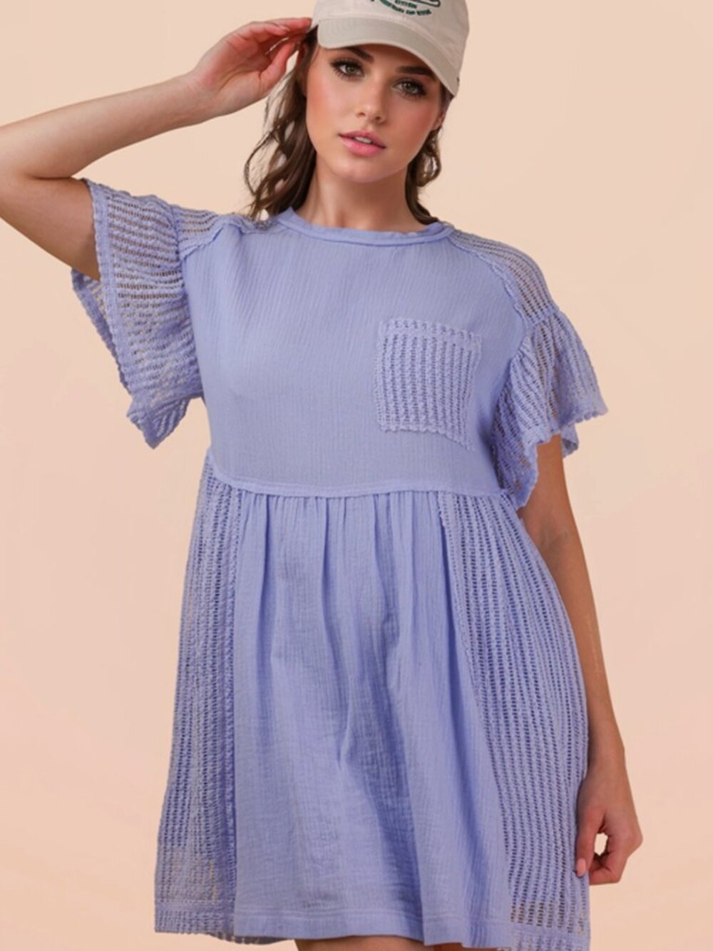Waffle Knit Contrast Solid Comfy Mini Dress NEW